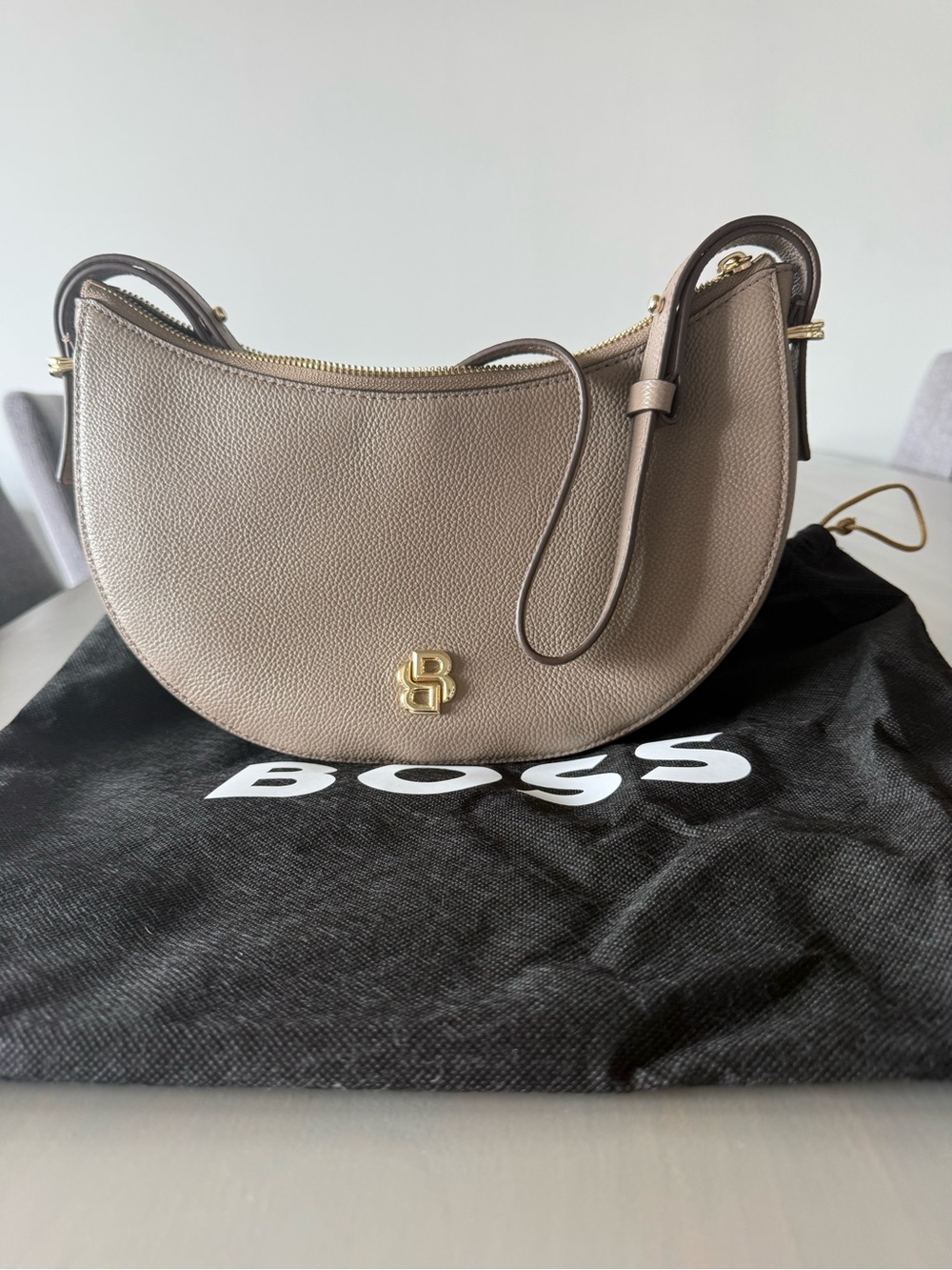 HUGO BOSS Taupe Crescent Shoulder Bag with Gold Hardware. Dust bag included